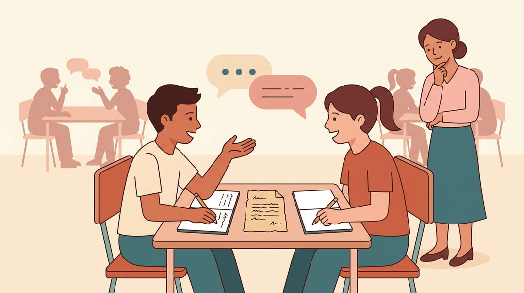 Two students discuss a document at a table while a teacher observes nearby in a collaborative classroom setting.