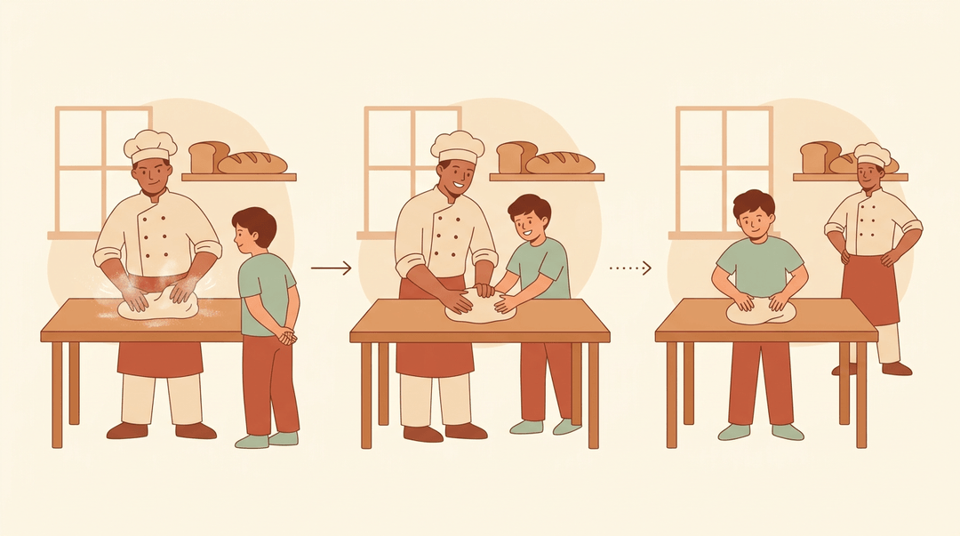 A baker teaches a student to knead dough, showing the transition from observation to collaboration and finally independent skill.