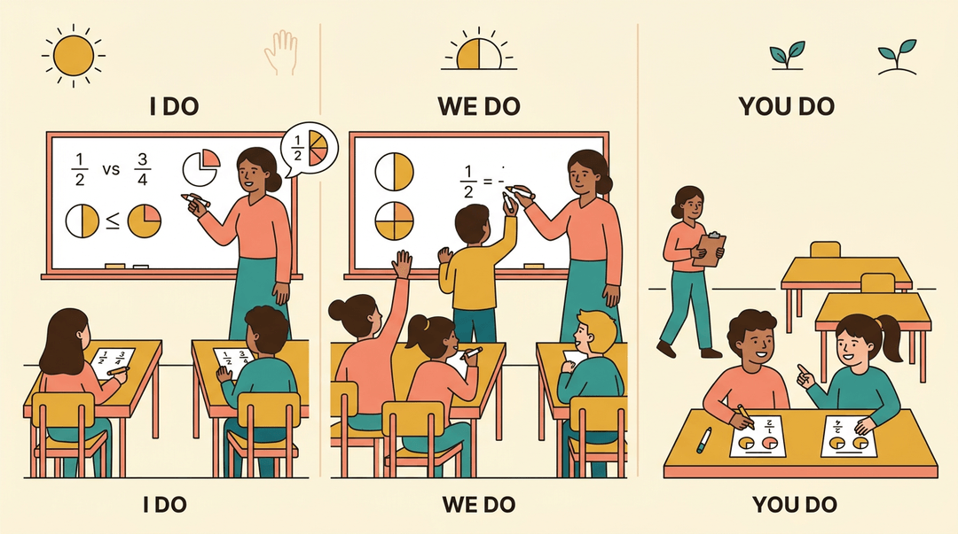 Three panels show gradual release of responsibility: teacher models fractions, guides students, then observes independent work.
