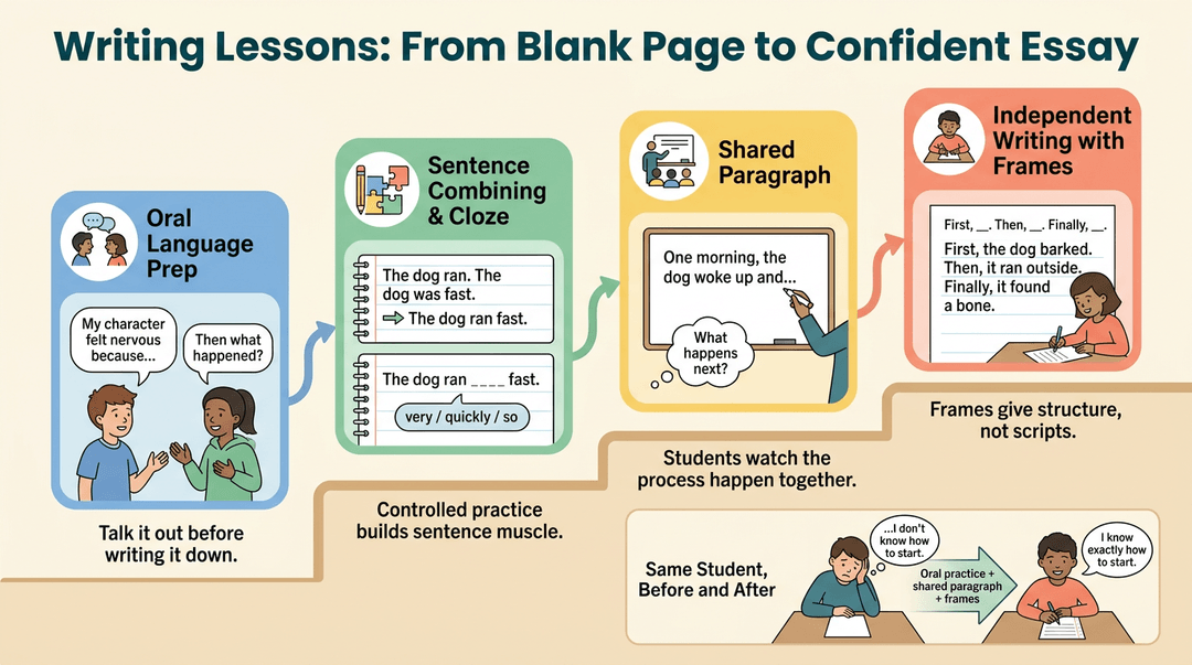 A 4-step visual guide showing how oral practice, sentence combining, shared paragraphs, and frames help students move from a blank page to confident essay writing.