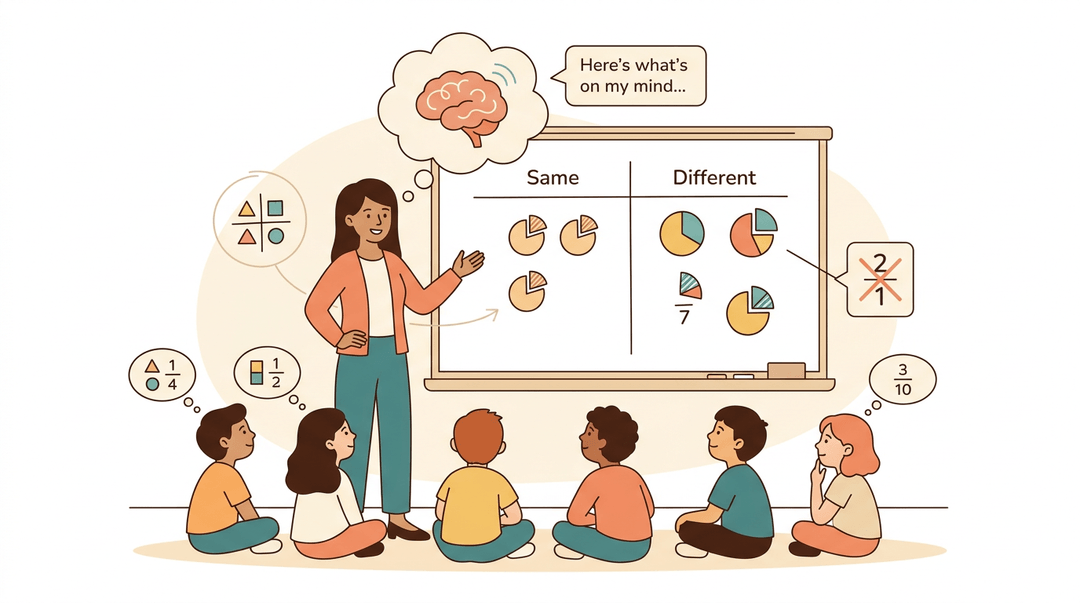 A teacher models metacognition using a whiteboard chart comparing fractions while students engage with their own thought bubbles.
