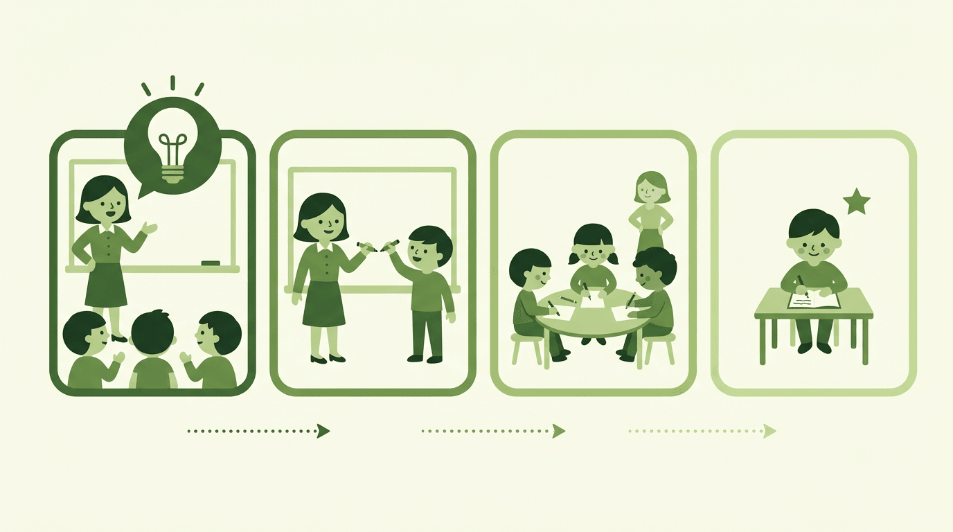 Four panels show the gradual shift from teacher-led instruction to independent student work, visualized by fading green borders and changing character focus.