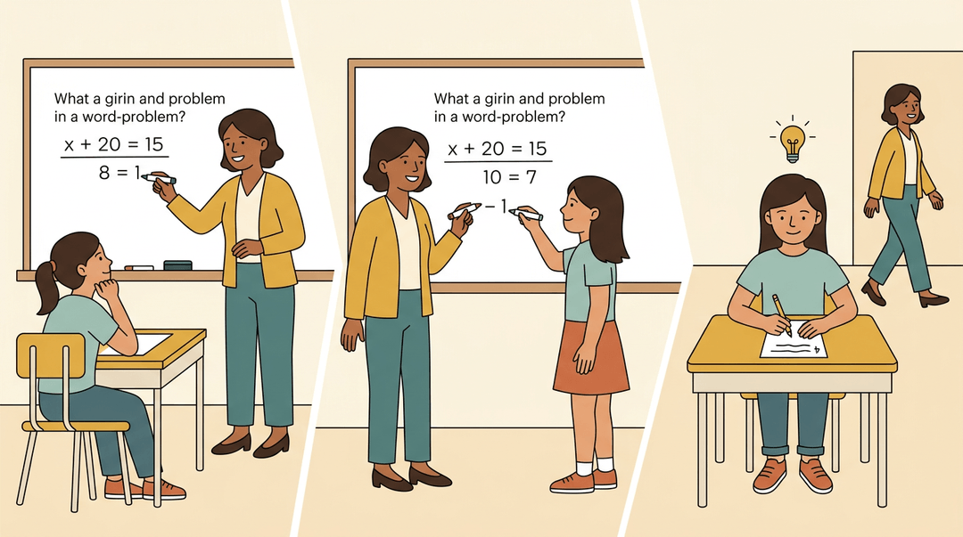 A three-panel illustration shows a teacher guiding a student to independent problem-solving, ending with the girl working confidently alone.