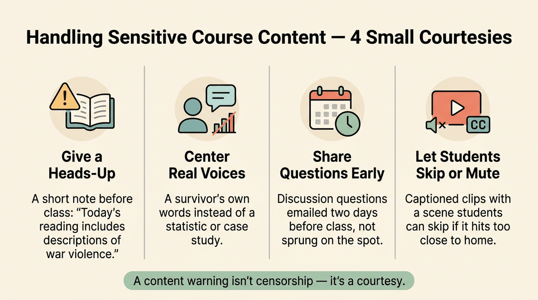 Infographic showing four courtesies for handling sensitive course content: giving heads-ups, centering real voices, sharing questions early, and allowing students to skip or mute.