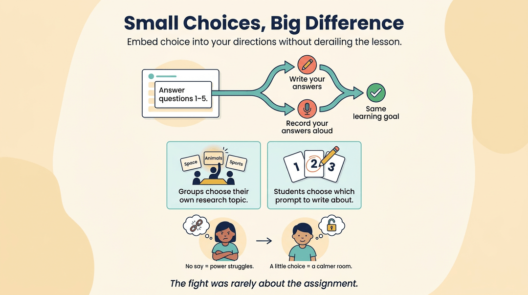 Infographic showing how student choice reduces power struggles, featuring branching paths and contrasting character expressions.