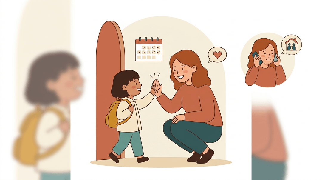 Teacher high-fives student at classroom door with calendar and care icons in warm, minimal vector style.