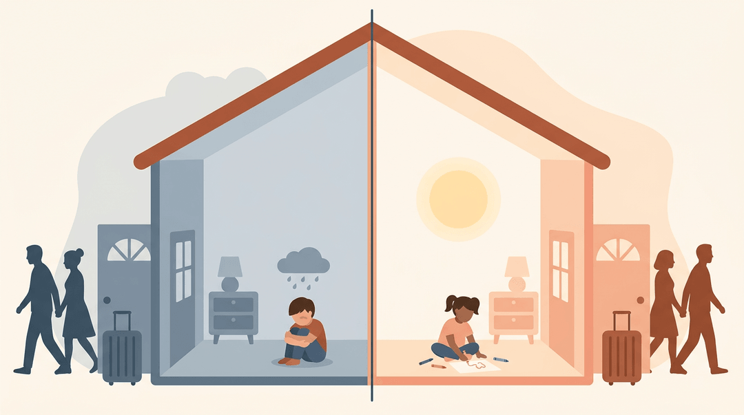 Two children react differently to the same family event: one feels overwhelmed with a rain cloud, while the other remains calm under a sun.