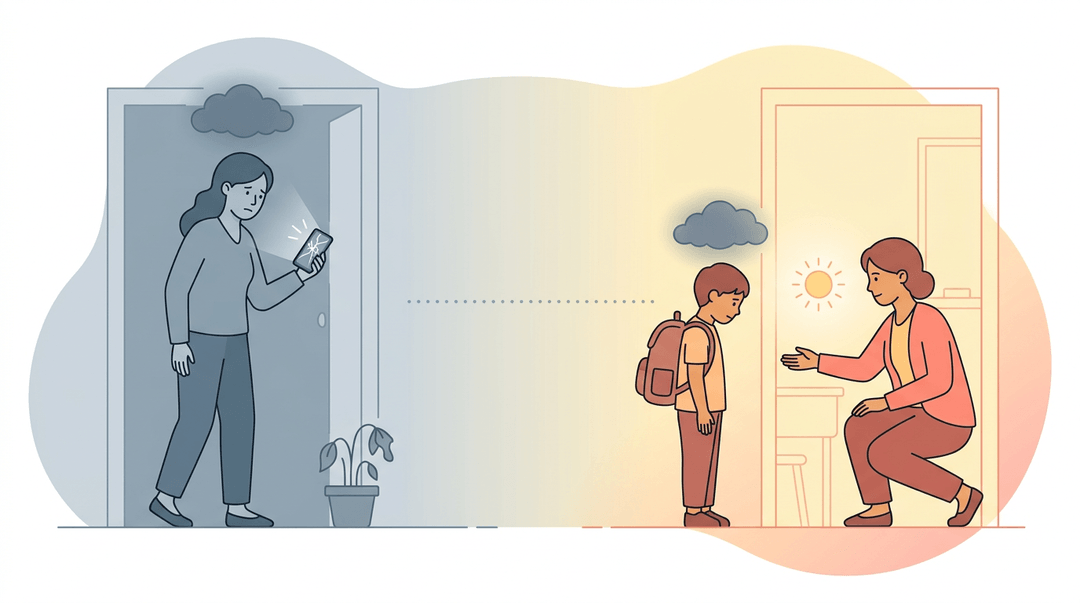 A stressed adult with a cracked phone faces a downcast student at a classroom door, while a warm teacher offers gentle support.