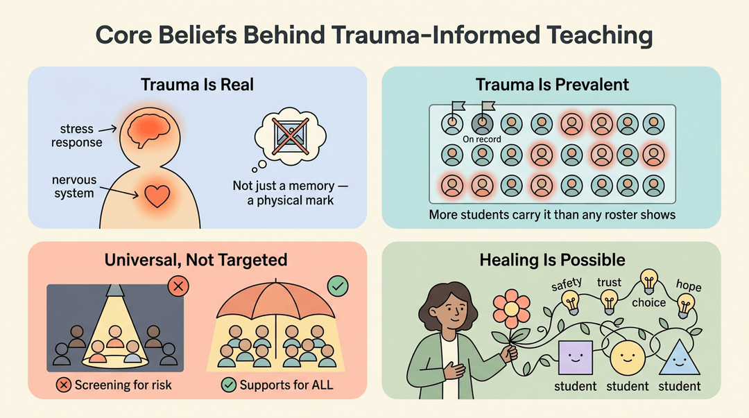 Infographic poster titled Core Beliefs Behind Trauma-Informed Teaching showing four panels on trauma's reality, prevalence, universality, and impact.