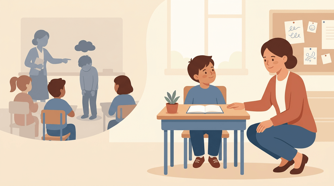 A teacher calmly supports a student at eye level, replacing public shaming with quiet dignity and trust in a warm classroom.