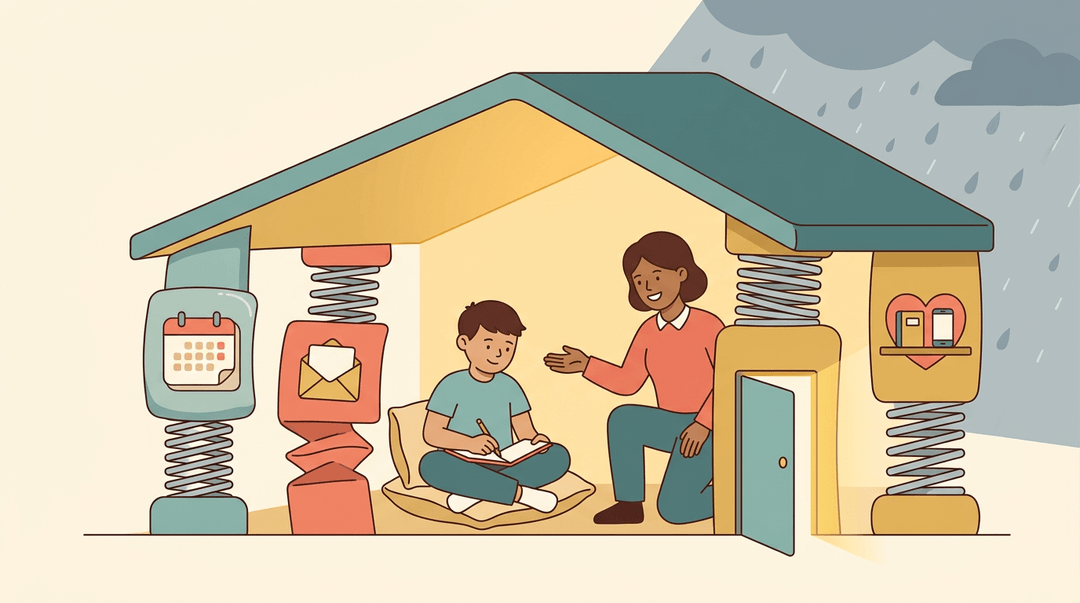 A flexible classroom structure with spring-like pillars protects a student and teacher from the storm outside.