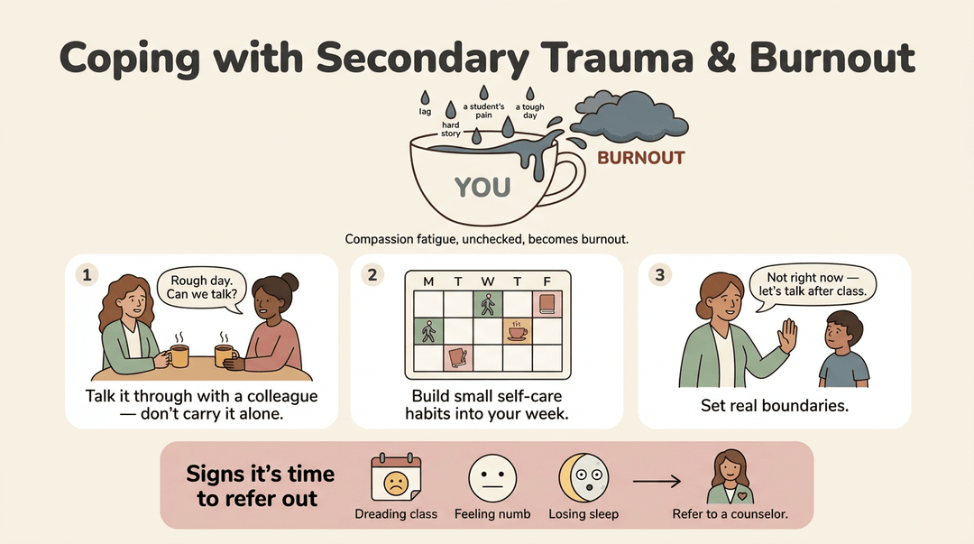 Infographic on teacher burnout showing a cup overflowing into a cloud, three coping cards, and signs to refer out.