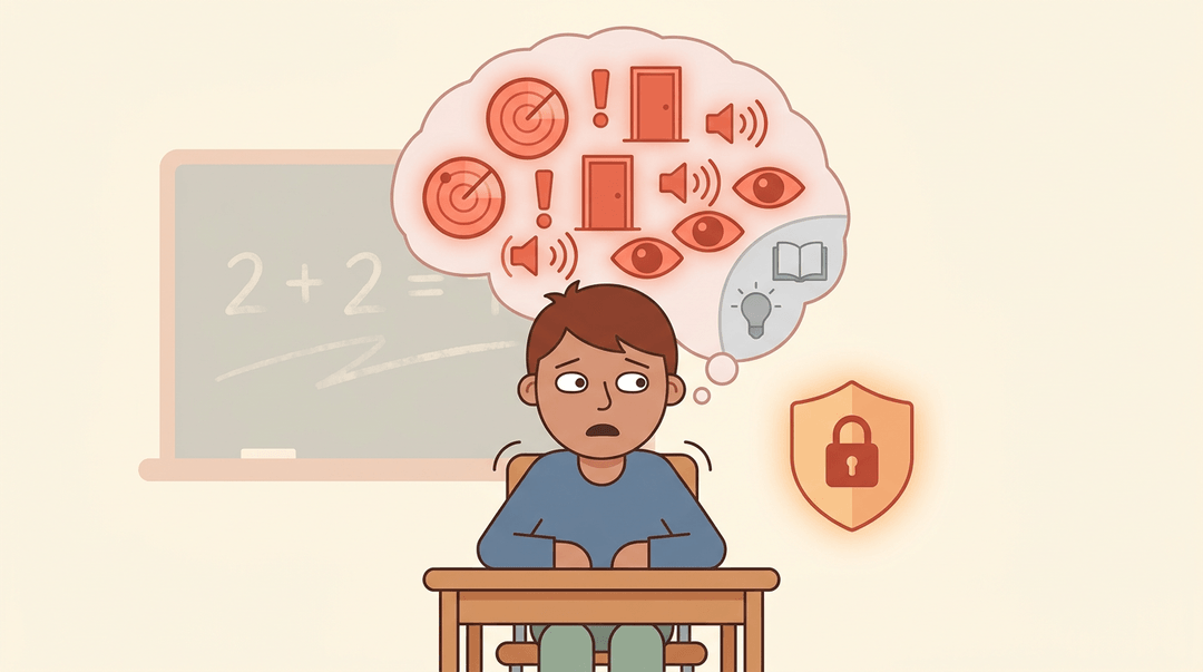 Student's mind crowded with alarm icons, leaving no room for learning until safety is established.