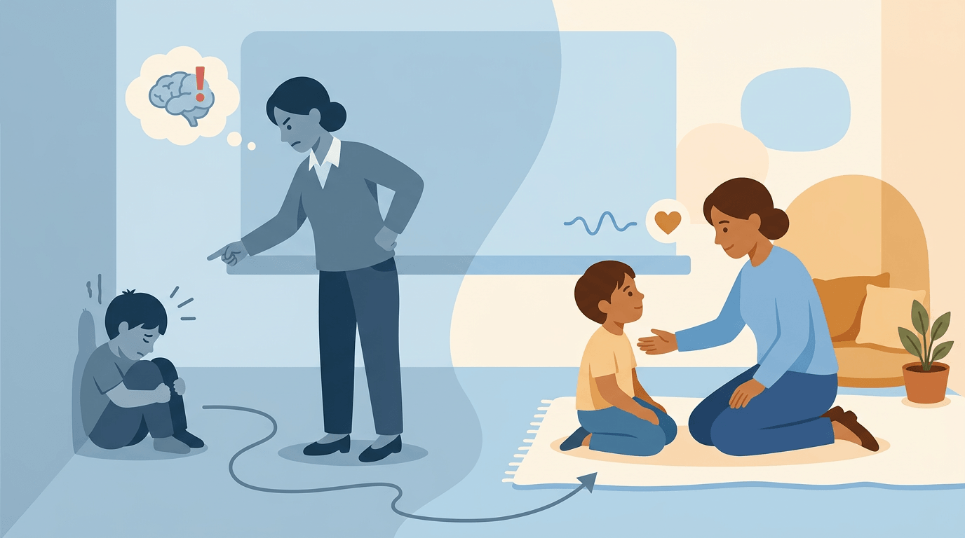 Teacher shifts from punitive stance to trauma-informed compassion, kneeling to connect with a distressed student in a calm classroom.