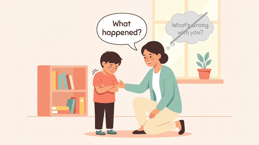 A teacher kneels to talk gently with an upset student, contrasting supportive words with a crossed-out negative thought.