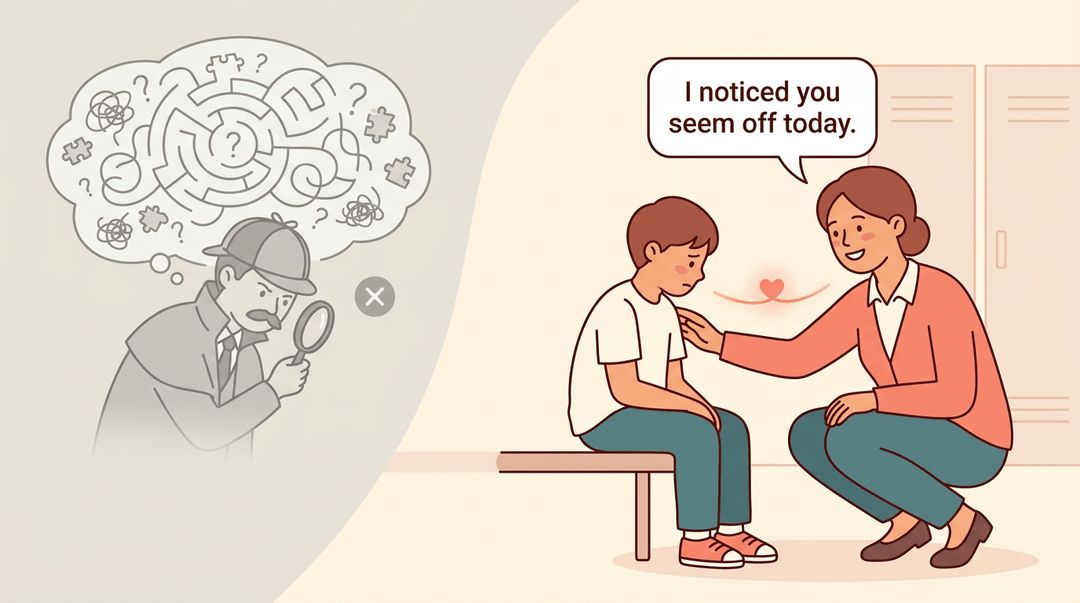A teacher gently connects with a sad student, contrasting supportive presence with investigative detachment.