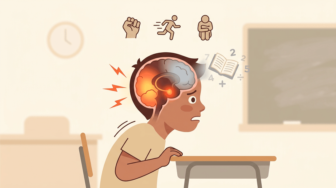 Diagram showing stress activating the amygdala while dimming the prefrontal cortex, illustrating how anxiety hinders learning.