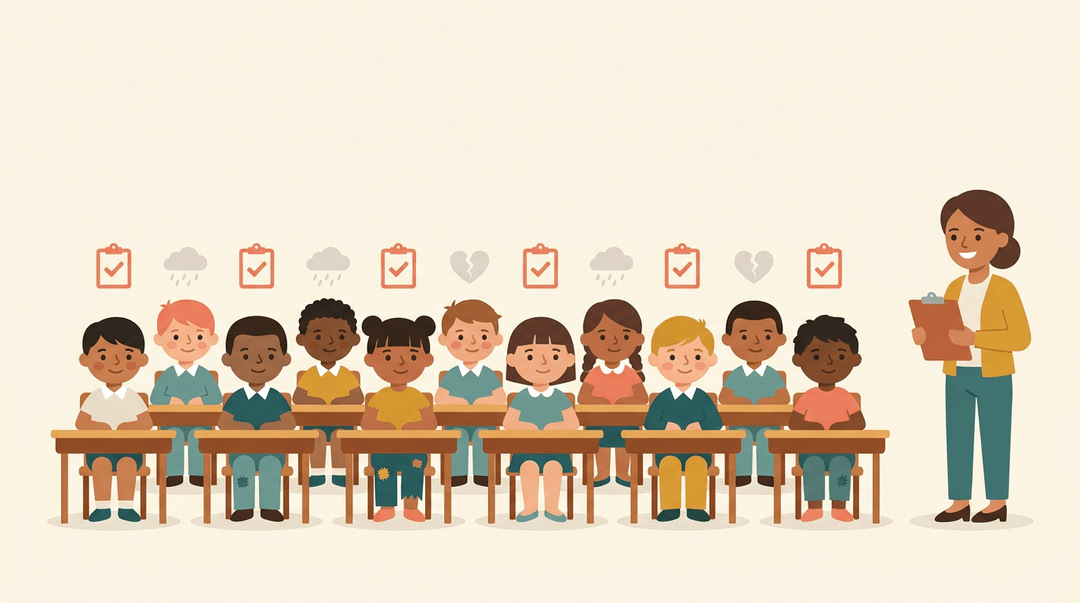 Diverse students sit at desks with checkmarks above all heads, while faint gray clouds hover over some to show trauma.