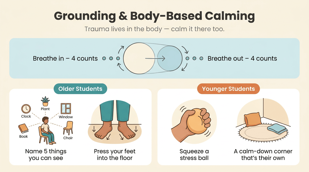 Educational poster showing grounding techniques: breathing, 5-4-3-2-1 sensory exercise, and body-based calming for older and younger students.