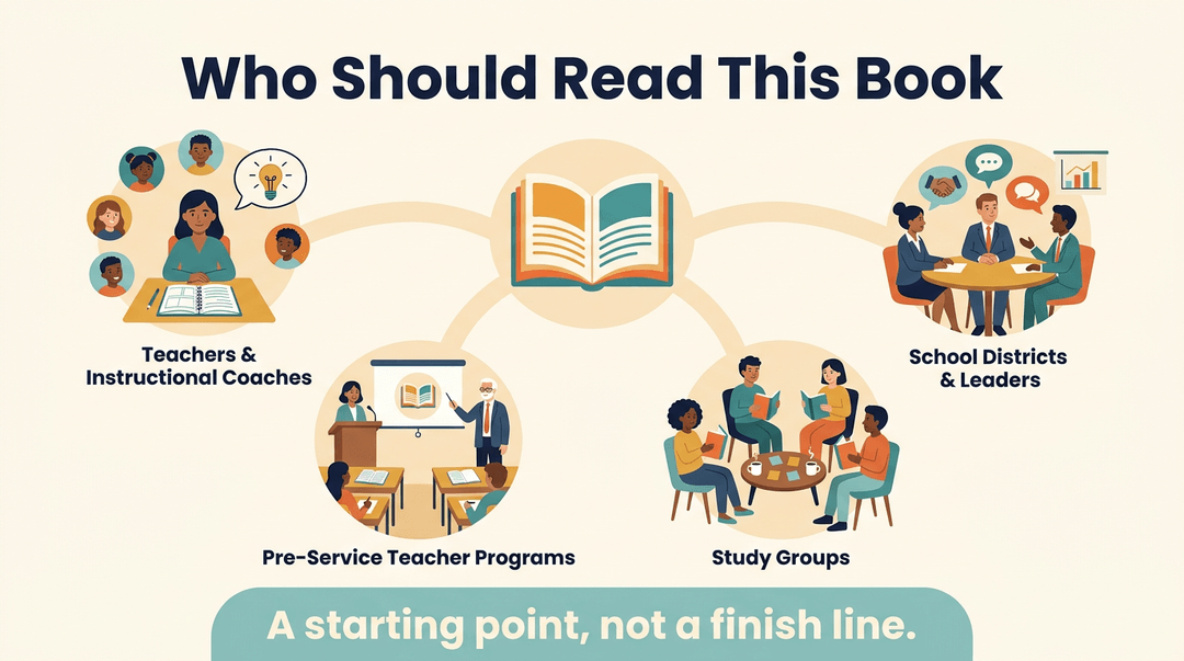 An infographic shows four audience groups—teachers, leaders, pre-service teachers, and study groups—connected to a central book, with the text