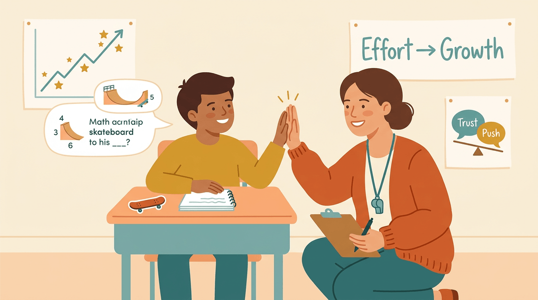 Teacher high-fives a student with a skateboard sticker while solving a math problem, surrounded by motivational posters.