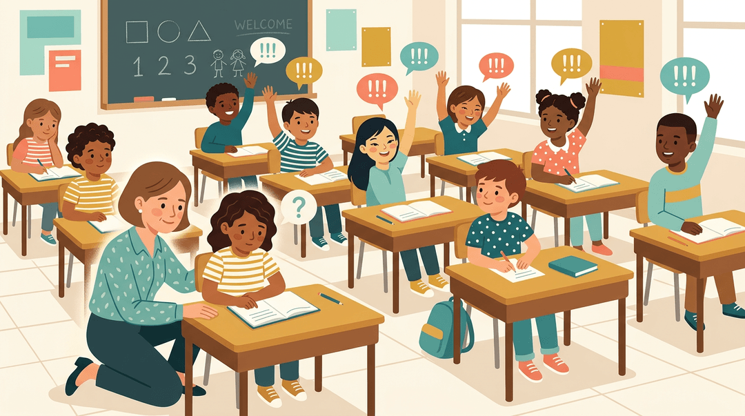 Teacher supports a quiet student while others raise hands in an elementary classroom.