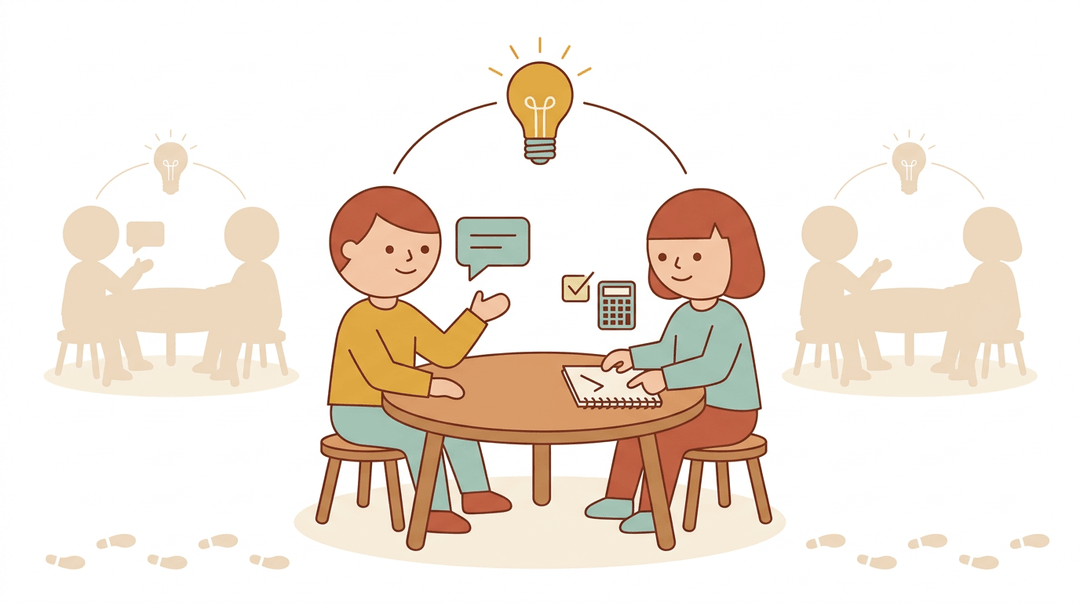 Two students collaborate at a table under a shared lightbulb, symbolizing teamwork and joint problem-solving.