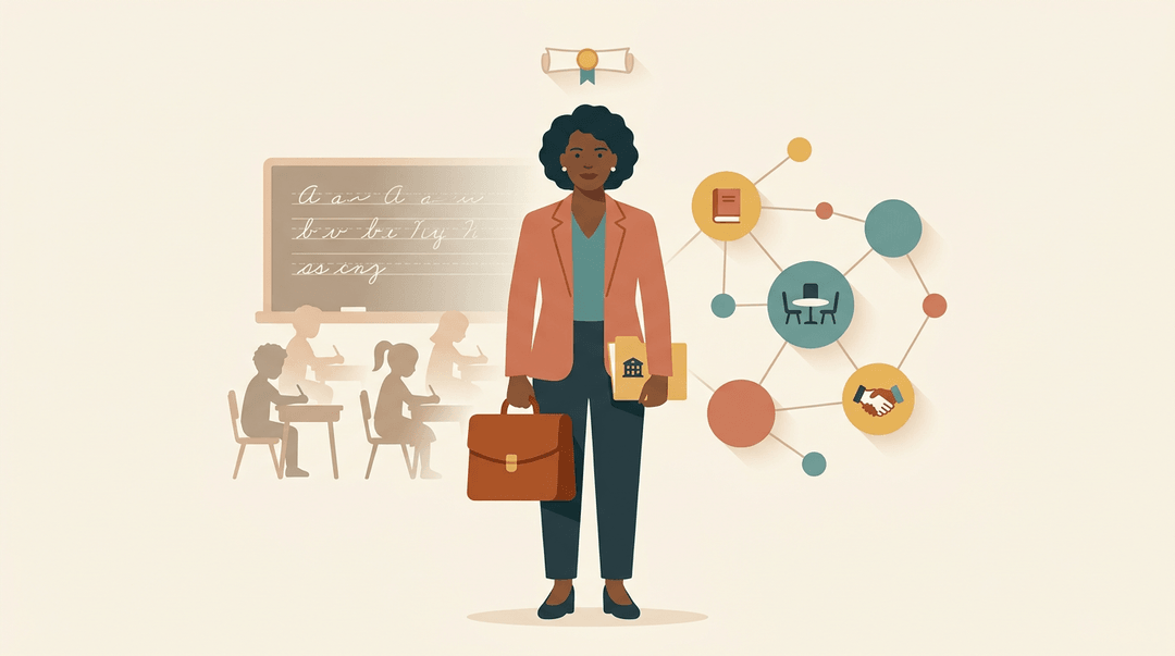 Black woman educator holds a briefcase and folder, flanked by classroom and consulting icons.