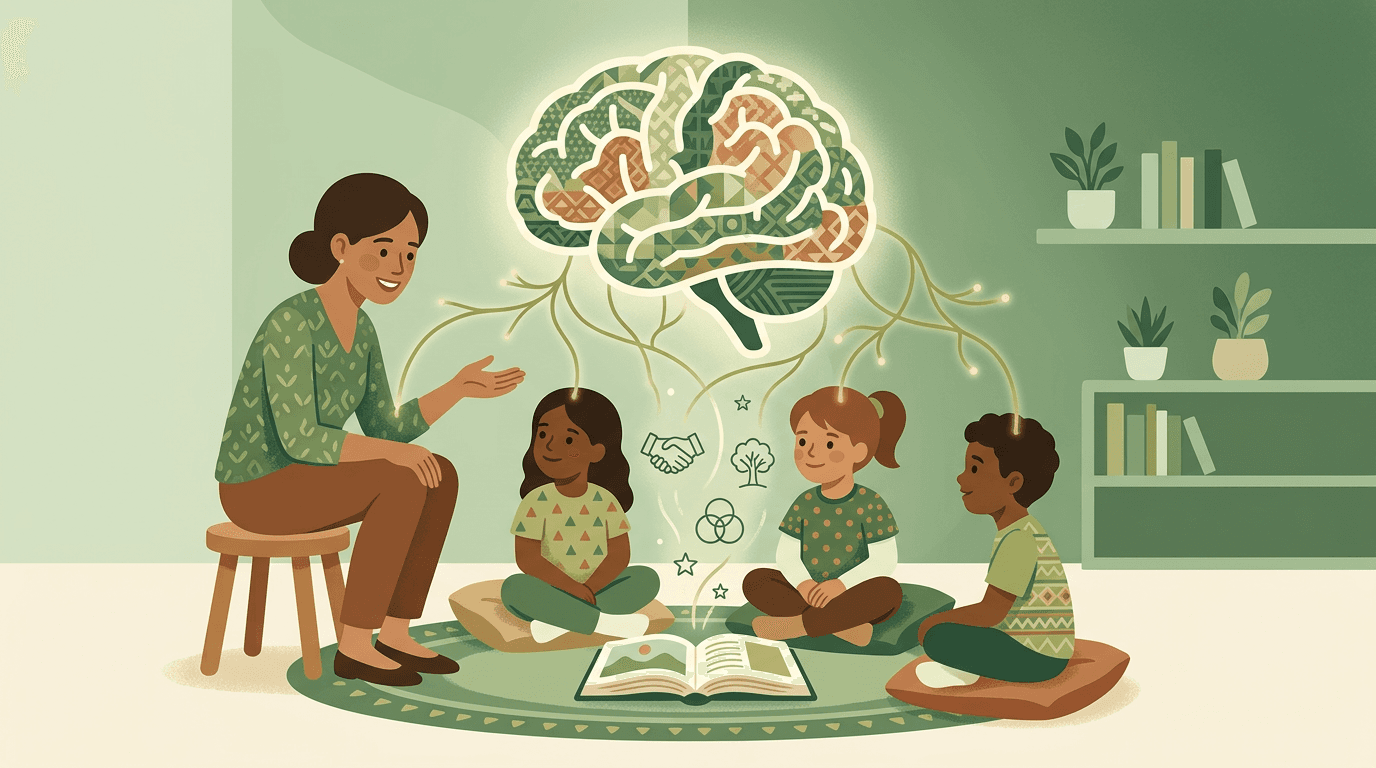 A teacher and diverse students sit in a circle with an open book, connected by glowing neural lines to a mosaic brain above.