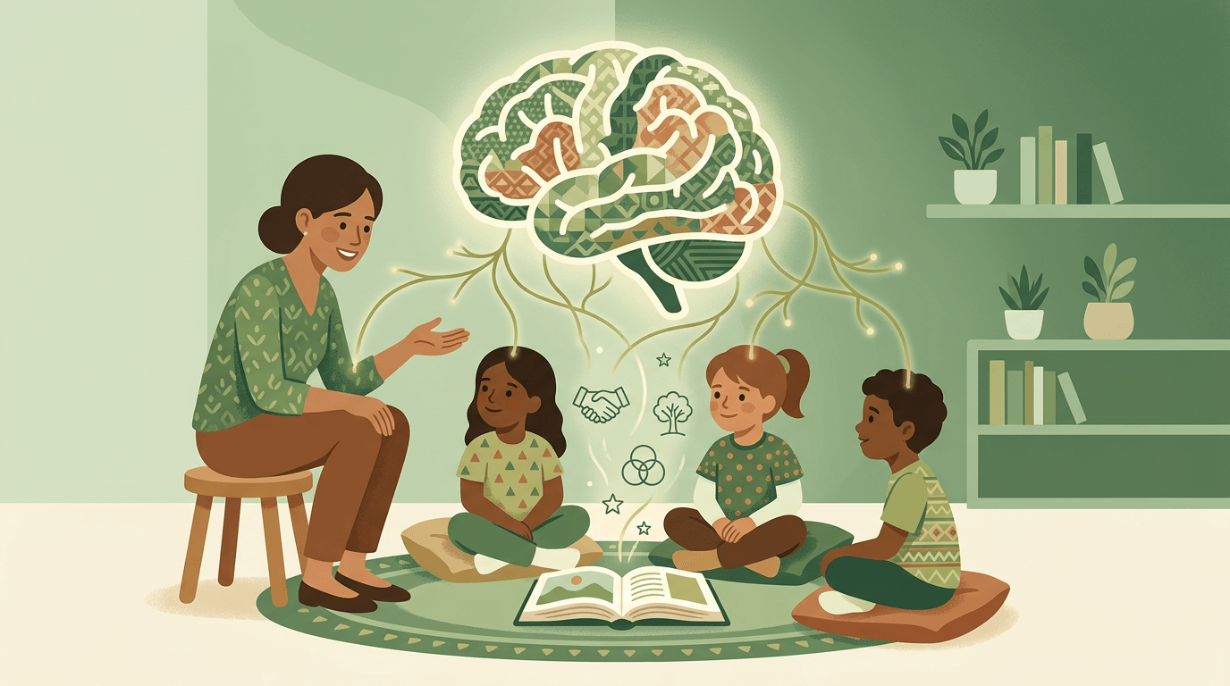 A teacher and diverse students sit in a circle with an open book, connected by glowing neural lines to a mosaic brain above.