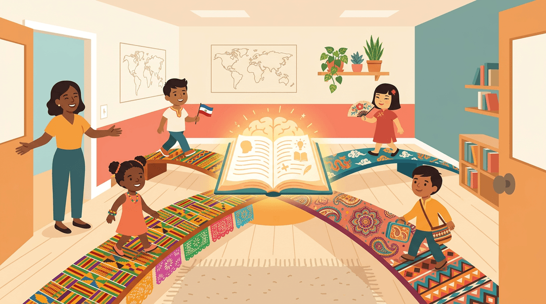 Diverse children walk cultural bridges toward a glowing brain-shaped book in a welcoming classroom.