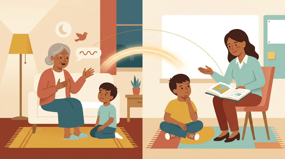 A teacher connects a boy's home storytelling to classroom learning via a glowing visual bridge.
