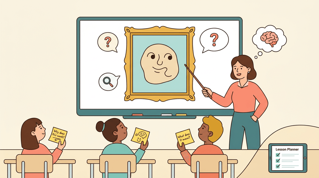 A teacher and students analyze an ambiguous meme in a gold frame, using speech bubbles to discuss its meaning.