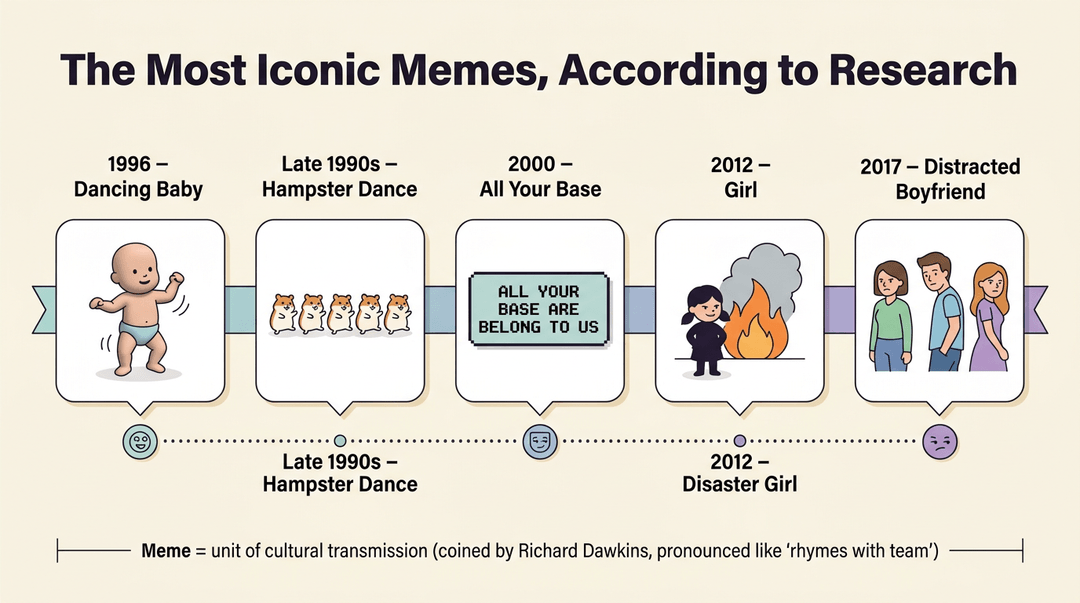 Timeline infographic showing iconic memes from 1996 to 2017, including Dancing Baby and Distracted Boyfriend, with a definition of meme.