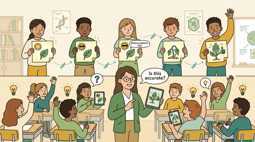 Students pass a mutating photosynthesis meme while the teacher questions its accuracy in a playful classroom.