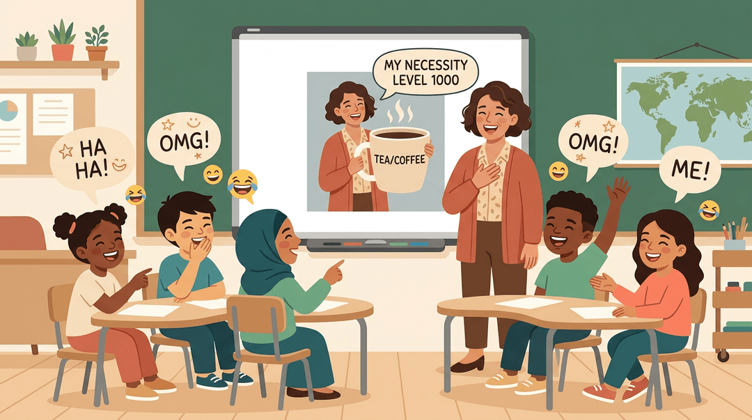 Teacher and diverse students laugh together at a meme on an interactive whiteboard in a warm, inclusive classroom.
