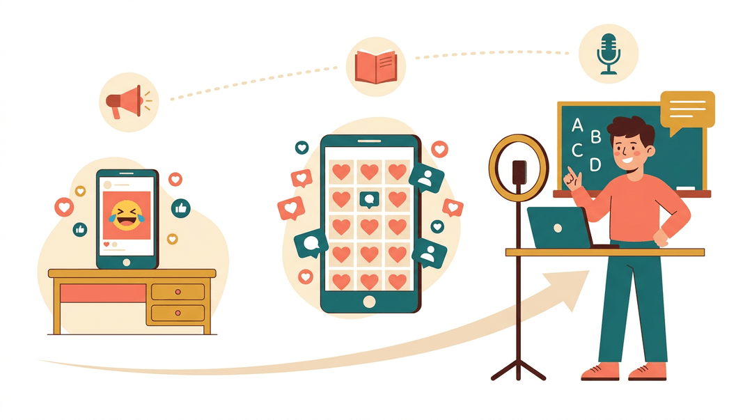 A growth arc shows a teacher evolving from posting memes to recording lessons with professional gear.