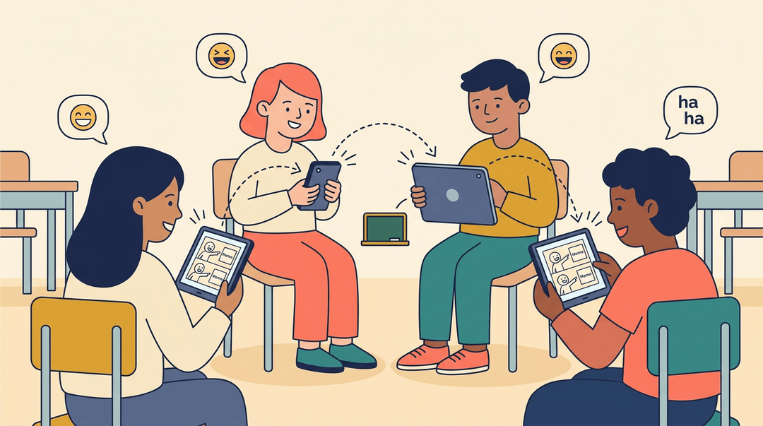 Diverse students share a meme on devices, connecting instantly in a classroom with a teacher's screen nearby.