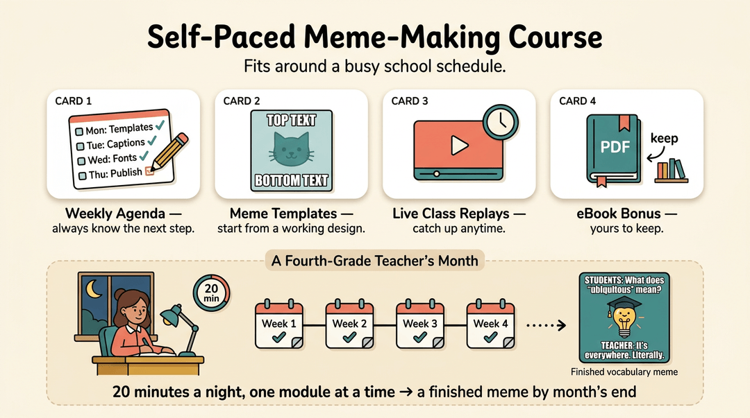 Infographic for a self-paced meme-making course featuring weekly agendas, templates, replays, and an eBook bonus.
