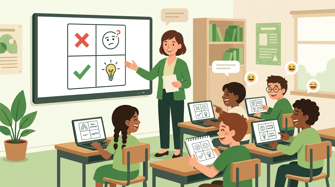 A teacher uses a meme template to teach, while diverse students laugh and engage with laptops in a bright classroom.