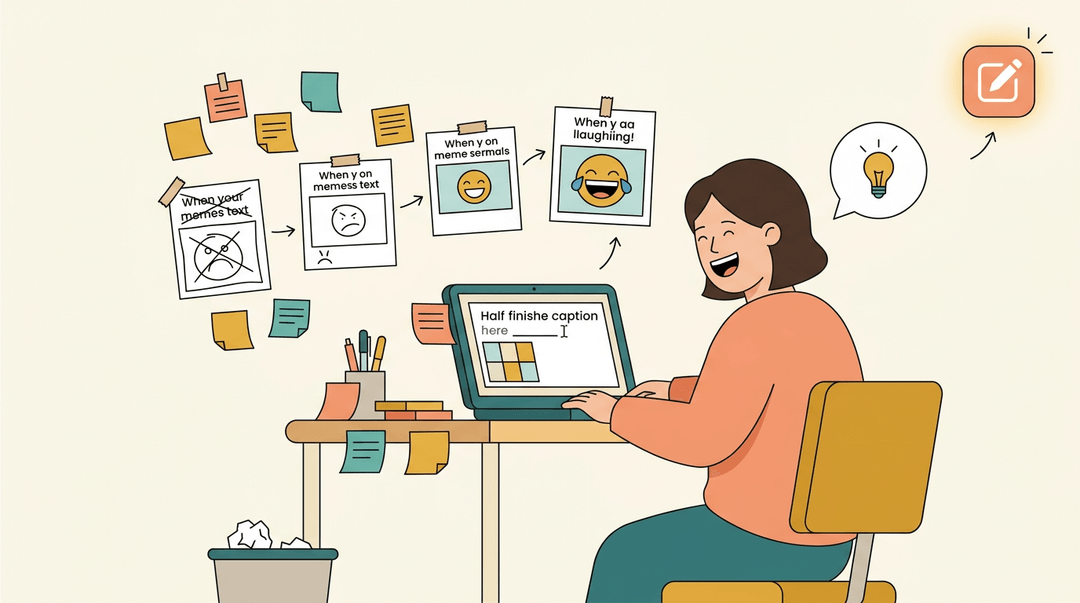 A teacher laughs at a desk with sticky notes showing meme improvement, a laptop displaying a draft, and a lightbulb icon above.