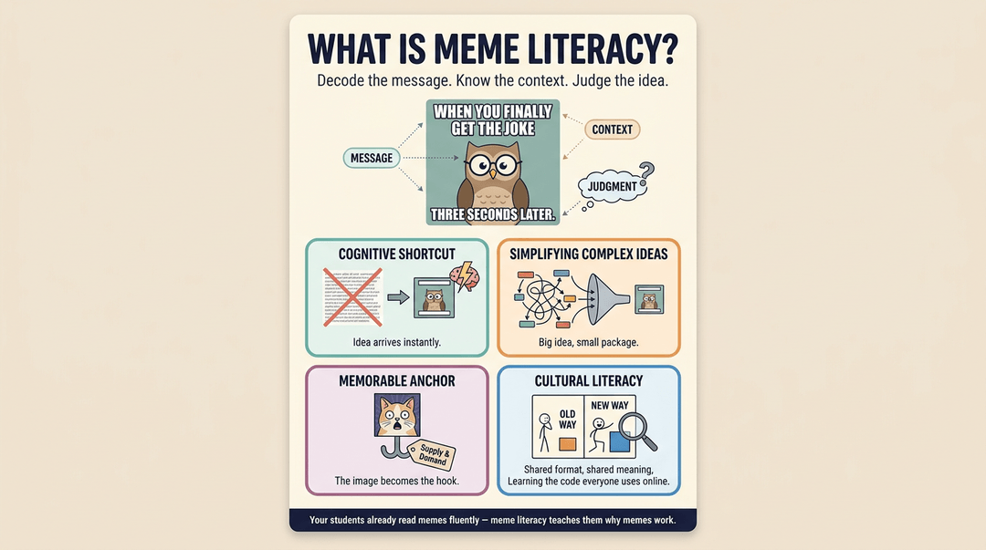 Infographic explaining meme literacy through a sample owl meme and four panels showing cognitive, simplification, memory, and cultural benefits.