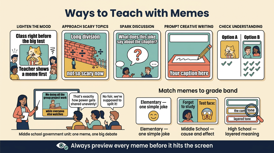 Infographic showing five ways to teach with memes, including lightening mood and sparking discussion, plus grade-band examples.