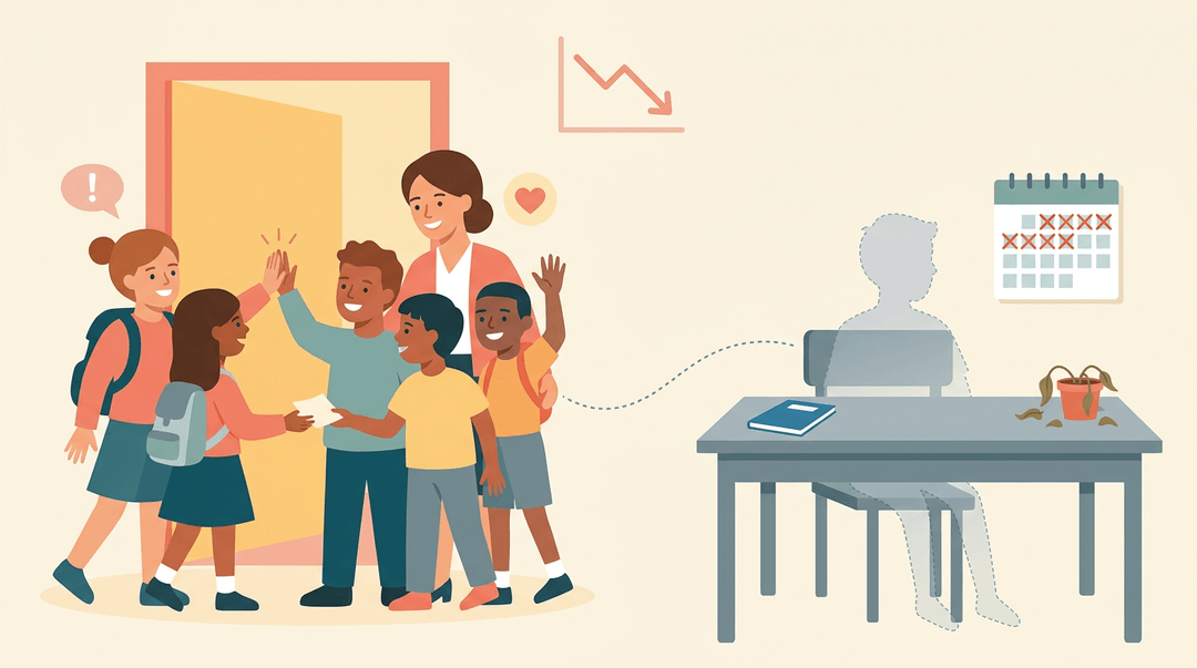 A split illustration contrasts a warm, connected classroom with an isolated, absent student's desk showing a fading silhouette and downward-trending performance.