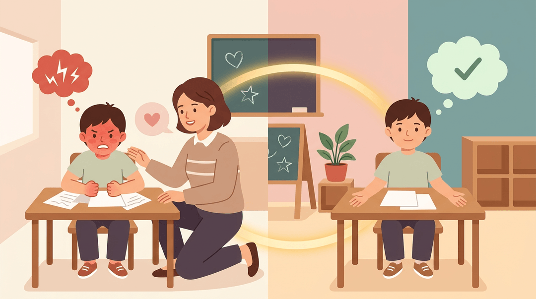 A teacher helps a frustrated student become calm, with a visual timeline showing the student's emotional shift.
