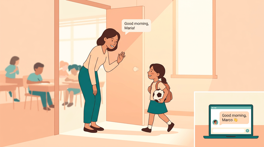 A teacher greets a student entering the classroom, with other students in the background and a laptop showing a virtual greeting.