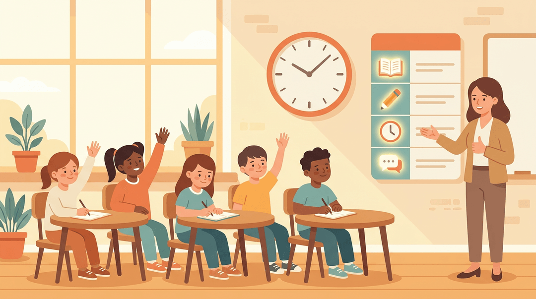 Five diverse elementary students sit at desks while a teacher gestures to a visual schedule on the wall, bathed in soft sunlight.