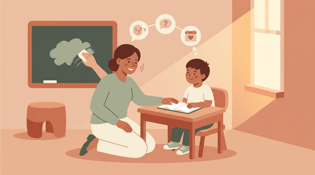 A teacher kneels beside a student's desk, offering a supportive smile, with icons above symbolizing trust and understanding.
