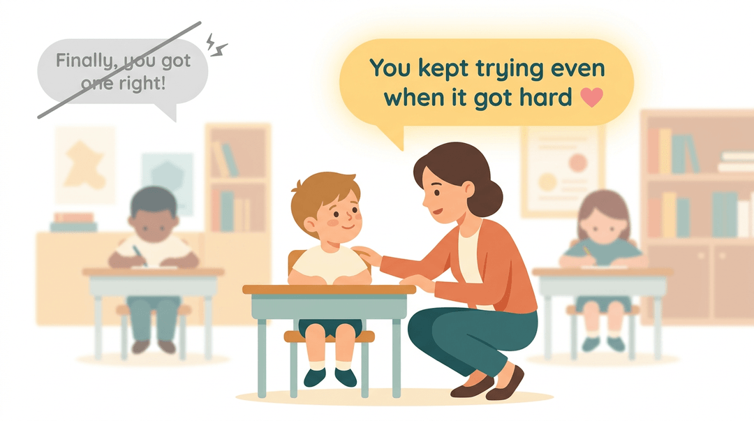 A teacher kneels by a student's desk, offering private, warm encouragement that reads: