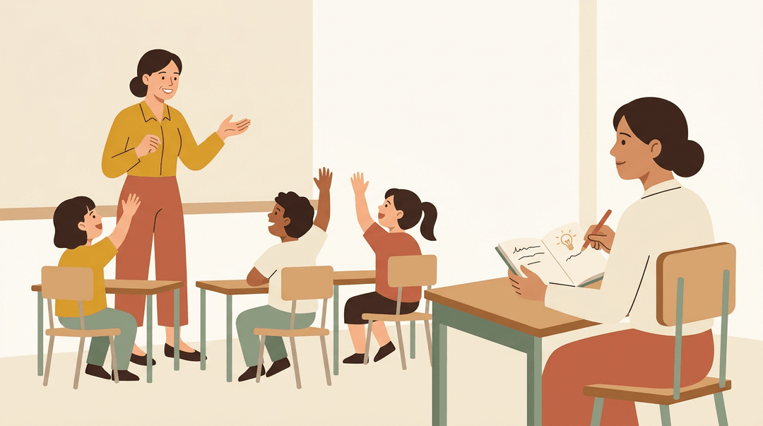 An experienced teacher engages students in a lively classroom, while another teacher quietly observes from the back.